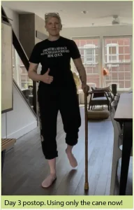 Coach Emily using the cane 3 days after operation